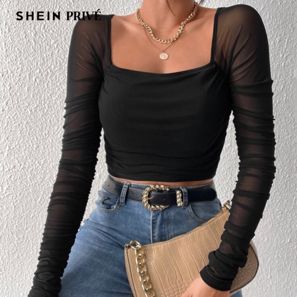 SHEIN Privé Square Neck Ruched Mesh Crop Women Top - Picture 2 of 4